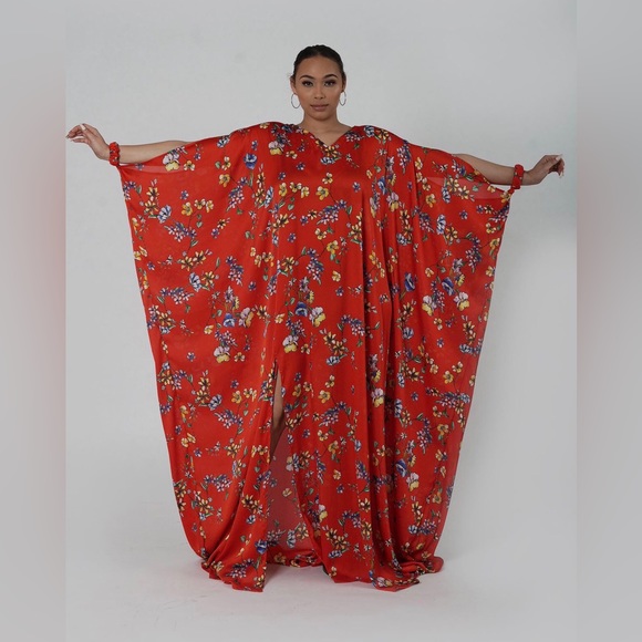 Red Multicolor Handmade Floral Print Oversized Maxi Kaftans Dress - Picture 5 of 7